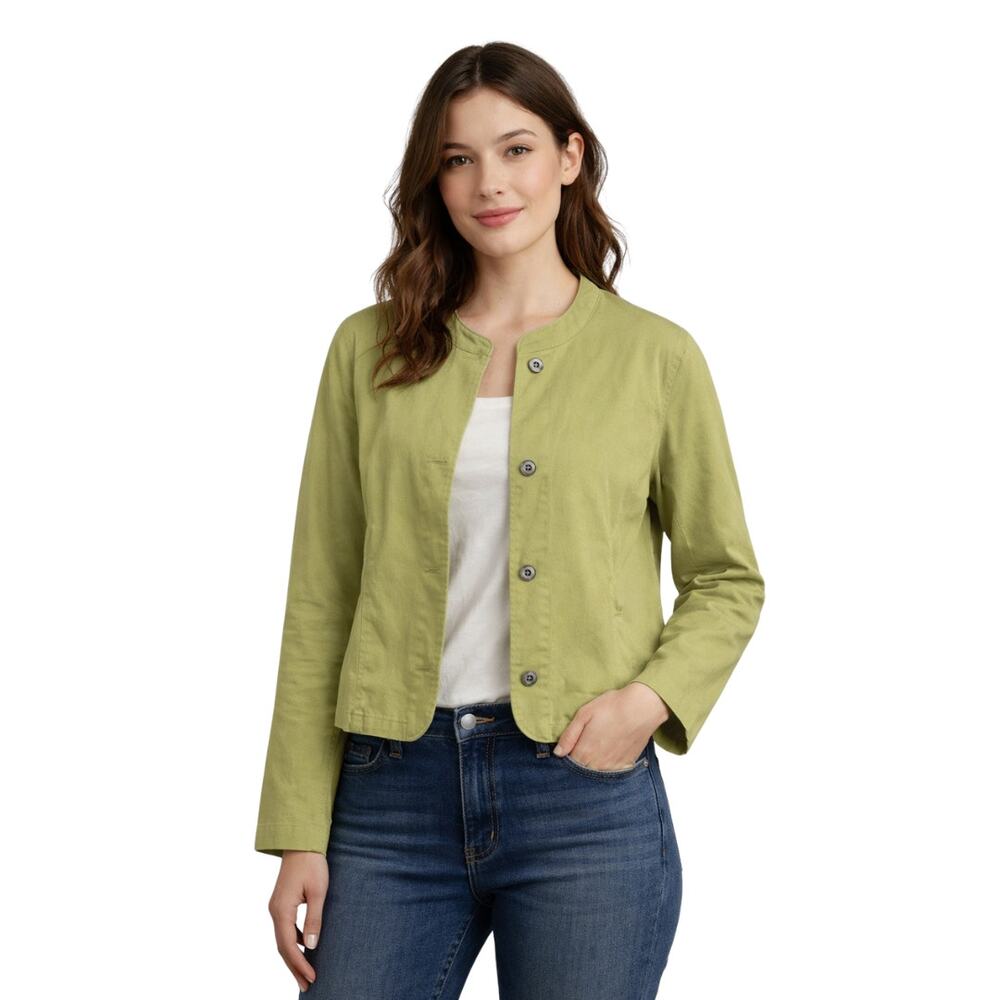 Eileen Fisher Chartreuse Cotton Snap Button Front Jacket S Spring Green Breezy